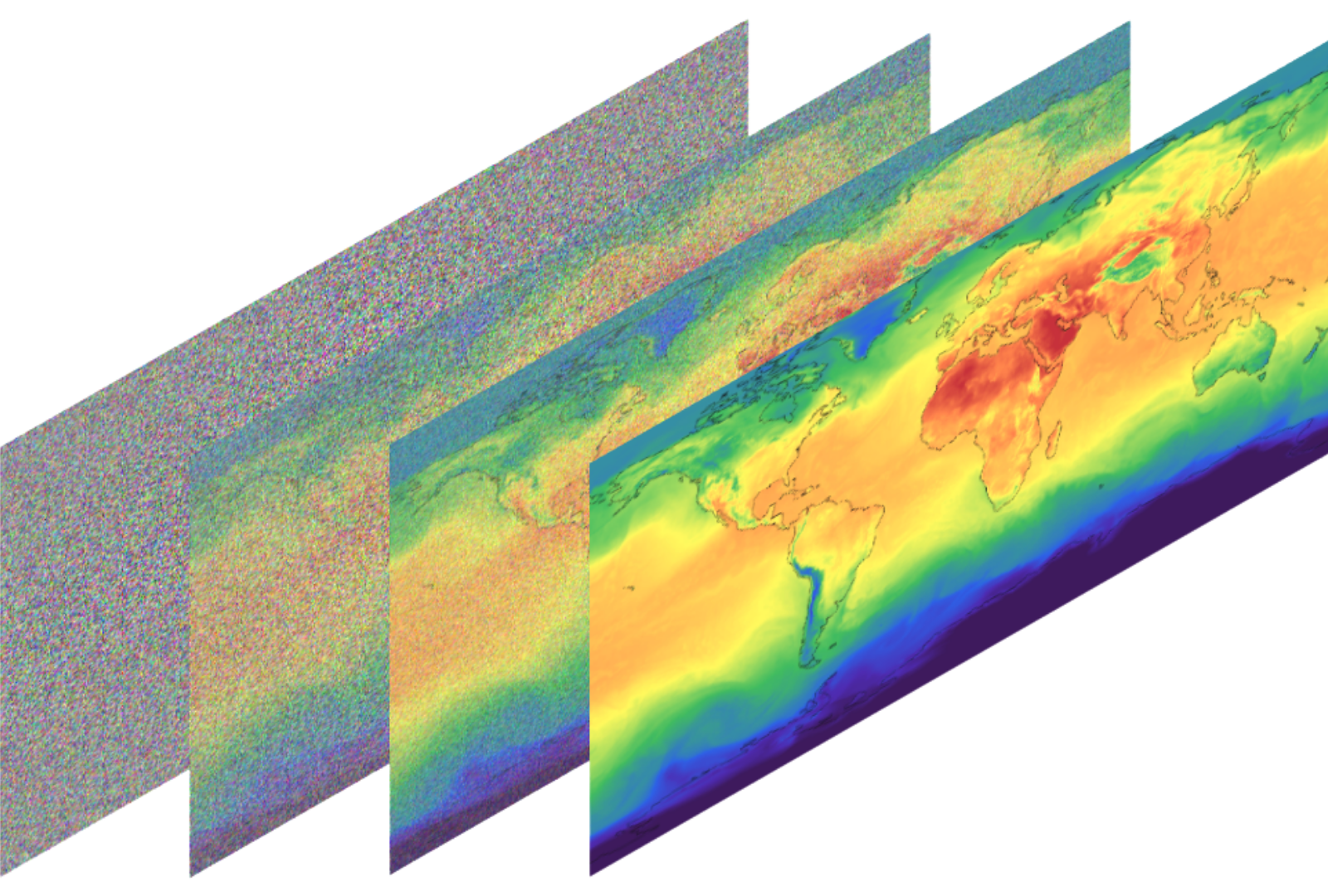 Diffusion steps: noise → structured temperature field